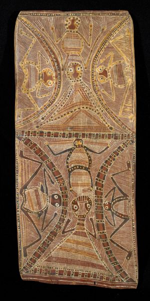 Yirawala bark painting in Western Arnhem Land style depicting spirit beings and ancestral totems, intricately rendered with fine rarrk cross-hatching and natural ochres. Masterwork of Kuninjku ceremonial art, showcasing post-mission aesthetic refinement and sacred cosmological motifs