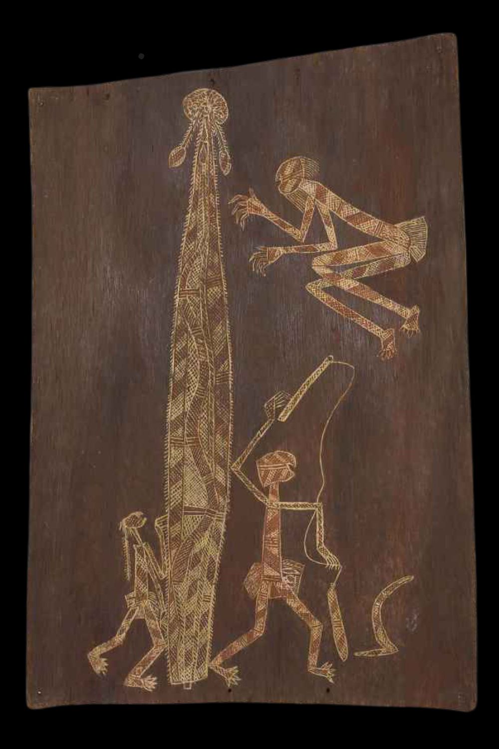 Bobby Ngainjmirra bark painting Traditional Aboriginal bark painting by Bobby Ngainjmirra depicting ceremony and ceremonial objects with intricate rarrk (cross-hatching) on natural eucalyptus bark, Arnhem Land style