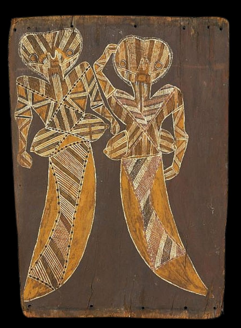 Bobby Ngainjmirra yawkyawk Bobby Ngainjmirra bark painting of two Yawkyawk spirit women, featuring Arnhem Land iconography with rarrk crosshatching and ochre pigments on stringybark, symbolising ancestral beings of water and fertility.