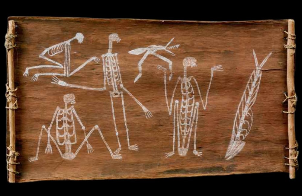 Bobby ngainjmirra bark painting of skeletons Bark painting by Bobby Ngainjmirra depicting skeletal humans and fish in white ochre on eucalyptus bark, featuring traditional Arnhem Land iconography and ceremonial symbolism.