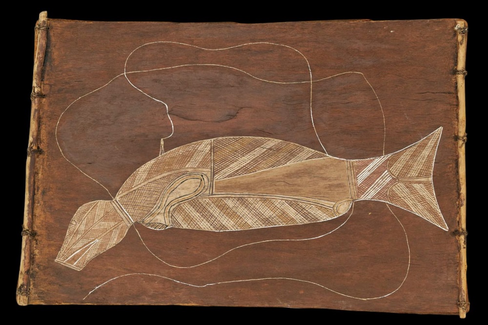 Bobby ngainjmirra painting of a speared dugong Bobby Ngainjmirra bark painting of a speared dugong, featuring traditional Arnhem Land x-ray style with rarrk crosshatching, ochre pigments on eucalyptus bark, and ceremonial hunting motifs.