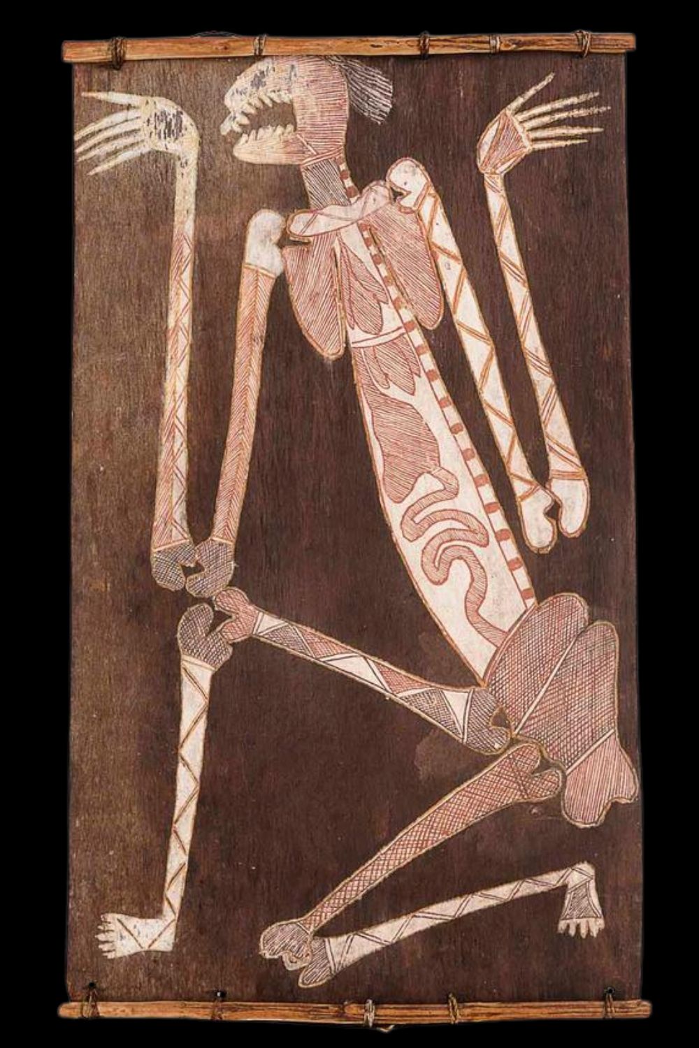 Dick Murrumurru Nguleingulei 0 Bark painting by Dick Murrumurru depicting skeleton spirit in traditional Arnhem Land x-ray style, featuring ochre pigment on eucalyptus bark with intricate rarrk crosshatching and spirit figure in dynamic pose.