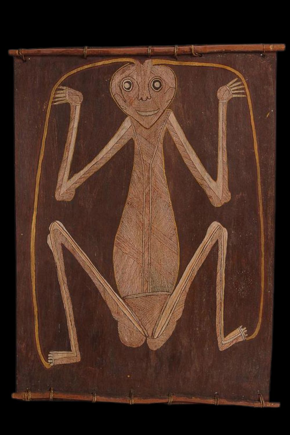 Dick Murrumurru Nguleingulei-2 Bark painting by Dick Murrumurru depicting a Namarrkon Lightning Spirit, in Arnhem Land style with exaggerated limbs, internal line work, and ochre tones; a powerful ancestral being associated with thunder, rain, and ceremony in Kuninjku mythology.