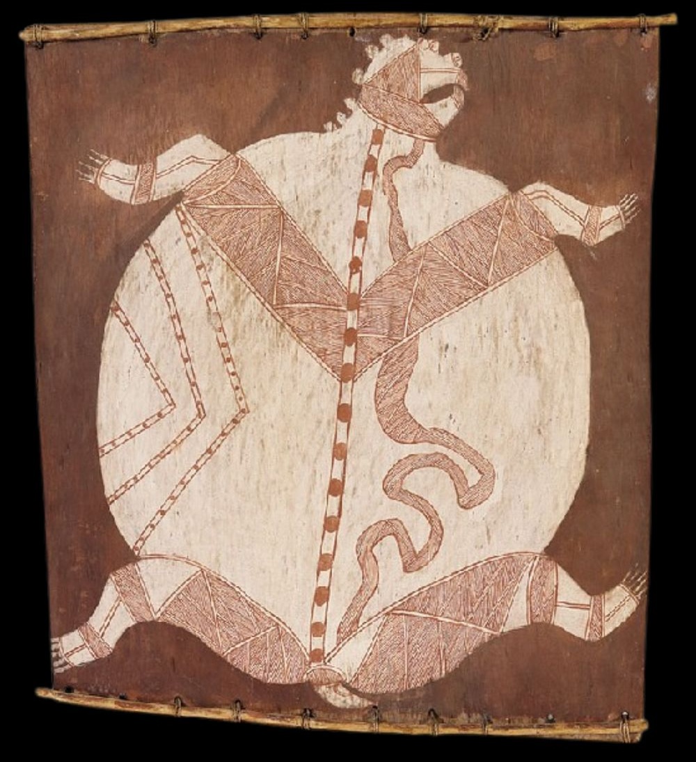 Dick Murrumurru Nguleingulei painting of a turtle Bark painting by Aboriginal artist Dick Murrumurru depicting a turtle with x-ray anatomical features, red ochre and white pigment on eucalyptus bark, showcasing traditional Arnhem Land rarrk design and ceremonial symbolism