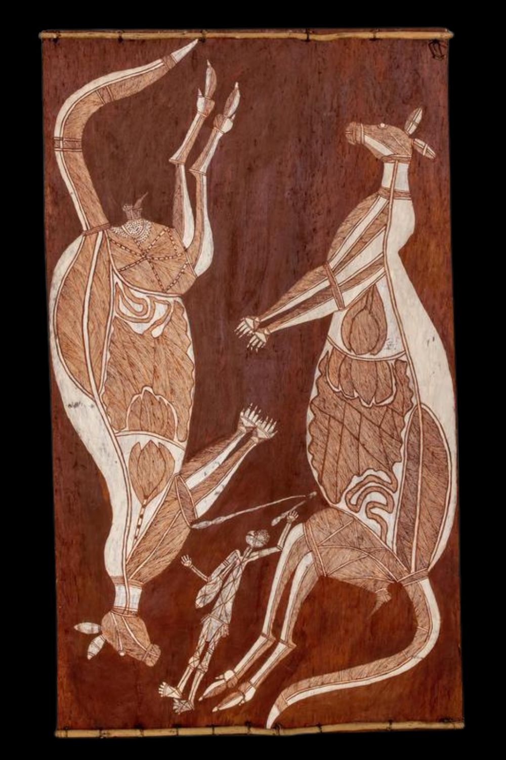 Dick murrum murru kangaroos Bark painting by Dick Murrumurru depicting two kangaroos and a Mimih hunter in Arnhem Land x-ray style, rendered in natural ochres on eucalyptus bark with intricate rarrk crosshatching and internal anatomical detailing, showcasing traditional Aboriginal iconography and storytelling.