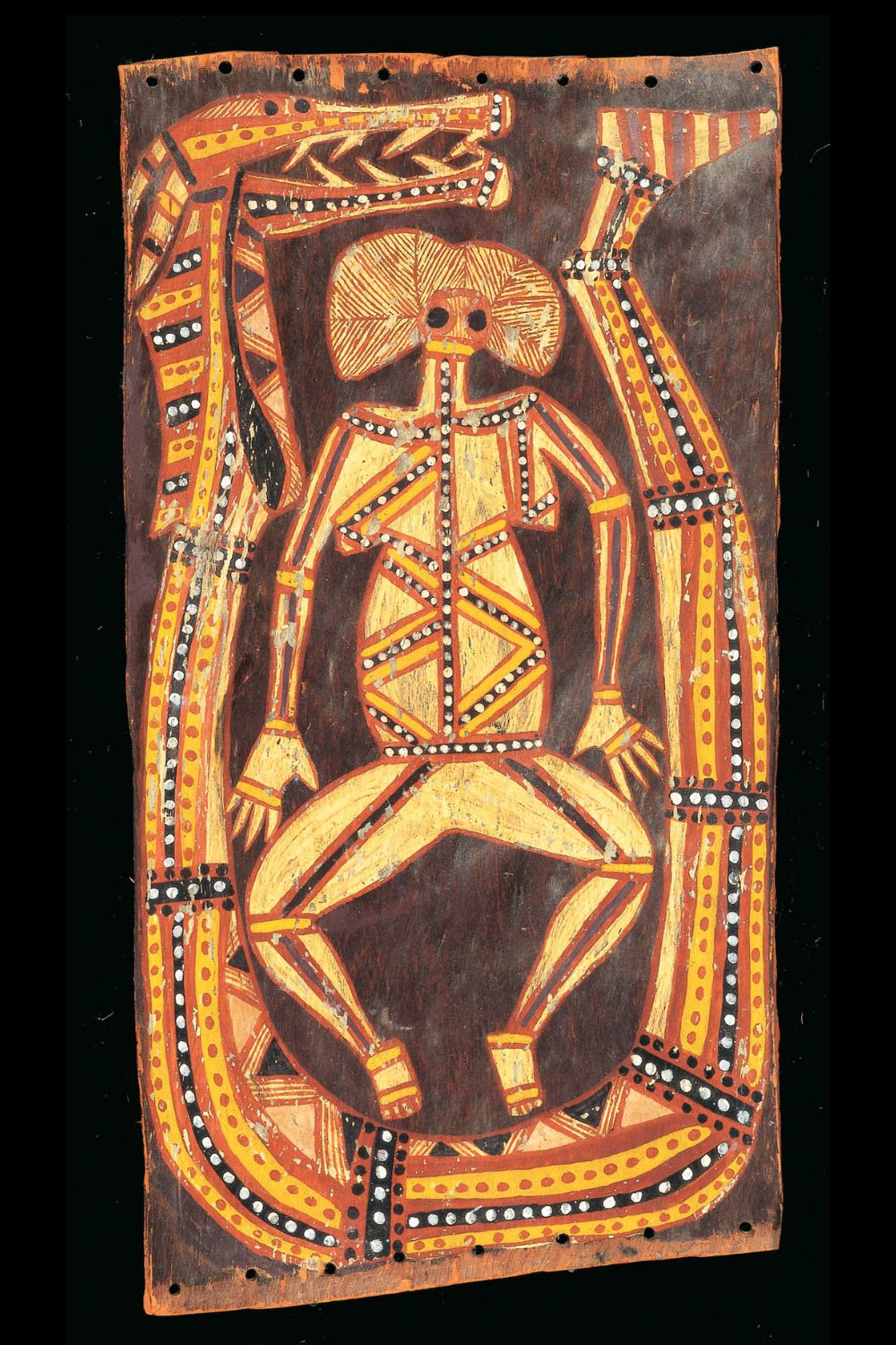 Early bark painting by John Namerredje Guymala Early bark painting by Aboriginal artist John Namerredje Guymala depicting Ngalkunburriyaymi spirit woman and Rainbow Serpent in vivid natural ochres with dot motifs, western Arnhem Land Aboriginal art