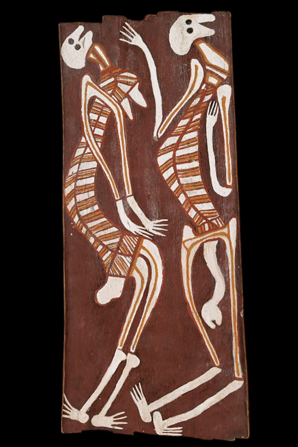 Early Yirawala bark painting in Croker Island style featuring two skeletal spirit figures with elongated limbs, painted in natural ochres on stringybark. Aboriginal art from Western Arnhem Land, exemplifying pre-mission ceremonial design with minimal rarrk and powerful spiritual symbolism.