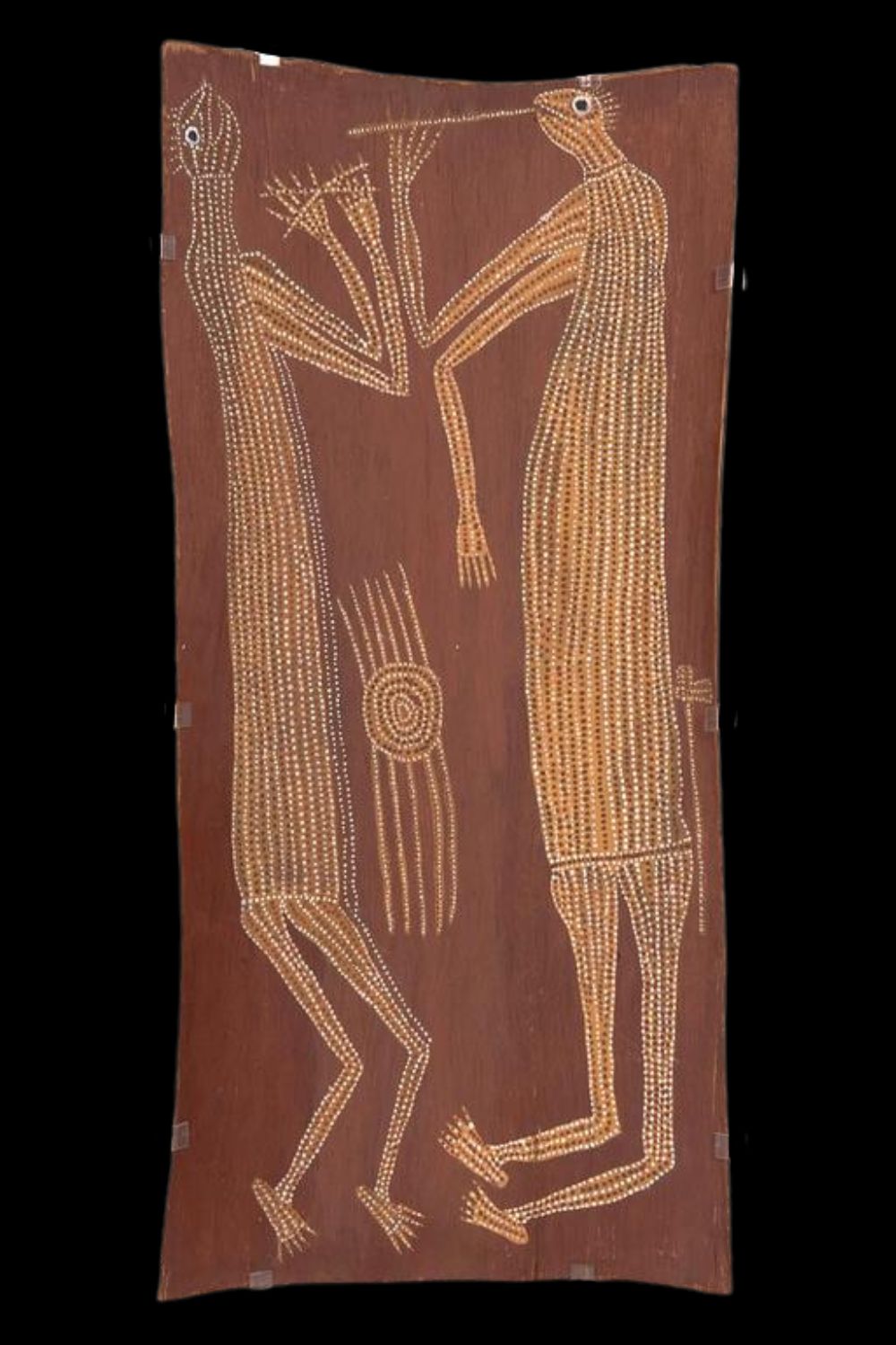 Crusoe Kuningbal bark painting featuring two Mimih spirits – traditional Aboriginal artwork from Arnhem Land painted with ochre and fine dotting on eucalyptus bark, reflecting ceremonial dance and ancestral beings