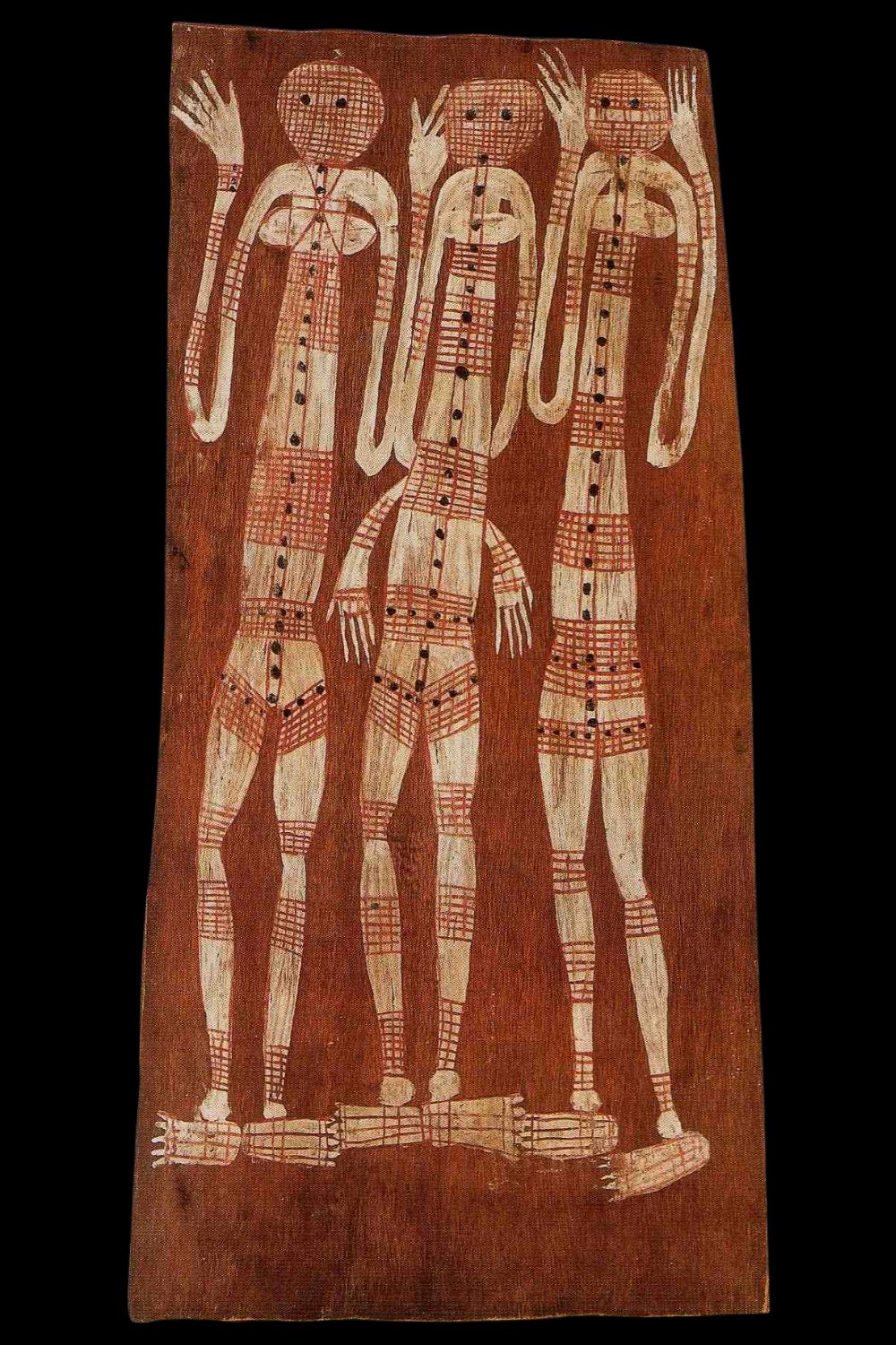 Jimmy Midaw midjaw bark painting Bark painting by Jimmy Midjau Midjau featuring three elongated ancestral spirit figures standing upright, with intricate rarrk (cross-hatching) body designs in red ochre, white, and black pigments—symbolising clan identity and ceremonial power in Western Arnhem Land iconography.