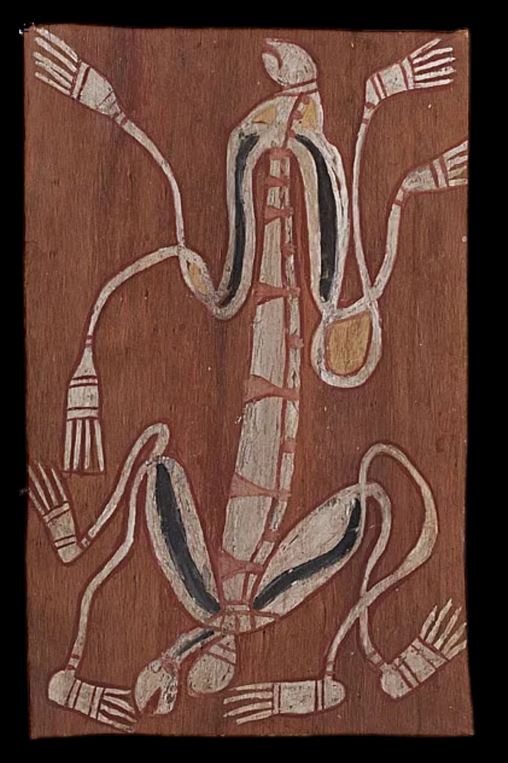 Jimmy Midjamidjau Bark painting by Jimmy Midjamidjau depicting a Maam spirit with exaggerated limbs and ceremonial adornments, rendered in natural ochres and traditional Arnhem Land style; a rare example of Kuninjku spirit imagery reflecting ancestral presence and Dreaming narratives in Western Arnhem Land