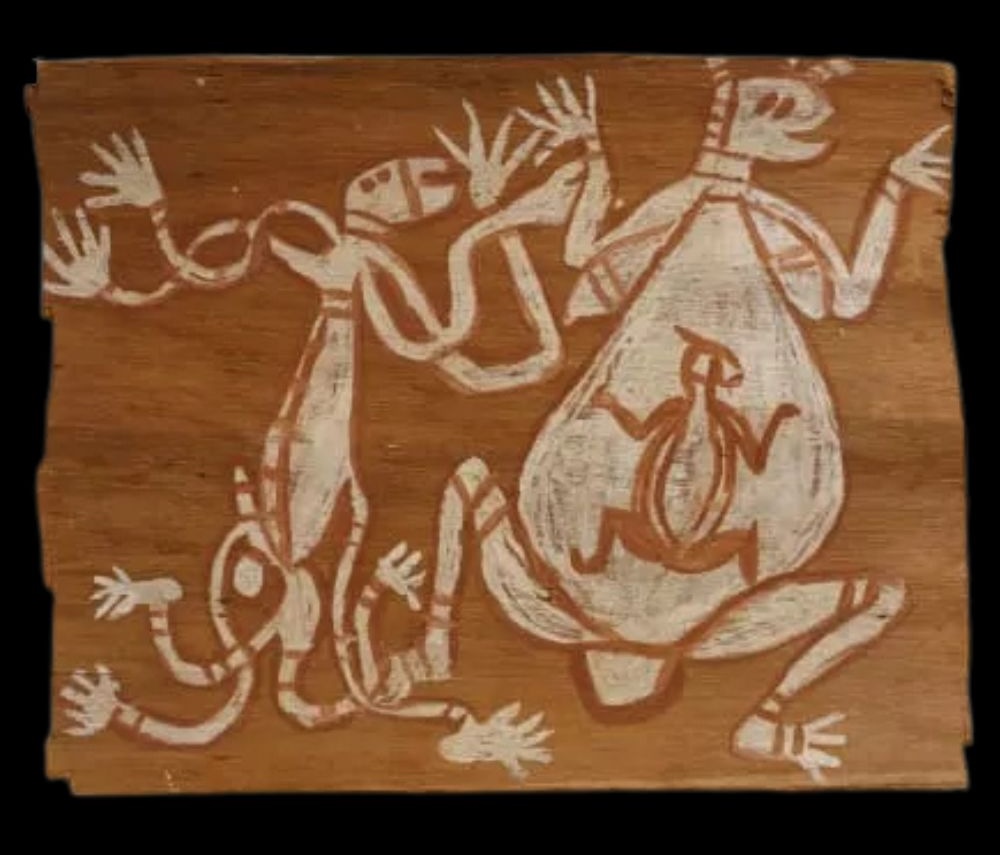 Jimmy Midjau Midjau bark painting Bark painting by Jimmy Midjau Midjau illustrating ancestral spirit figures with extended arms, exaggerated fingers, and a large spirit carrying a child figure in its pregnant belly—painted in white and red ochre on stringybark—exemplifying Kuninjku cosmology and ceremonial imagery from Western Arnhem Land.