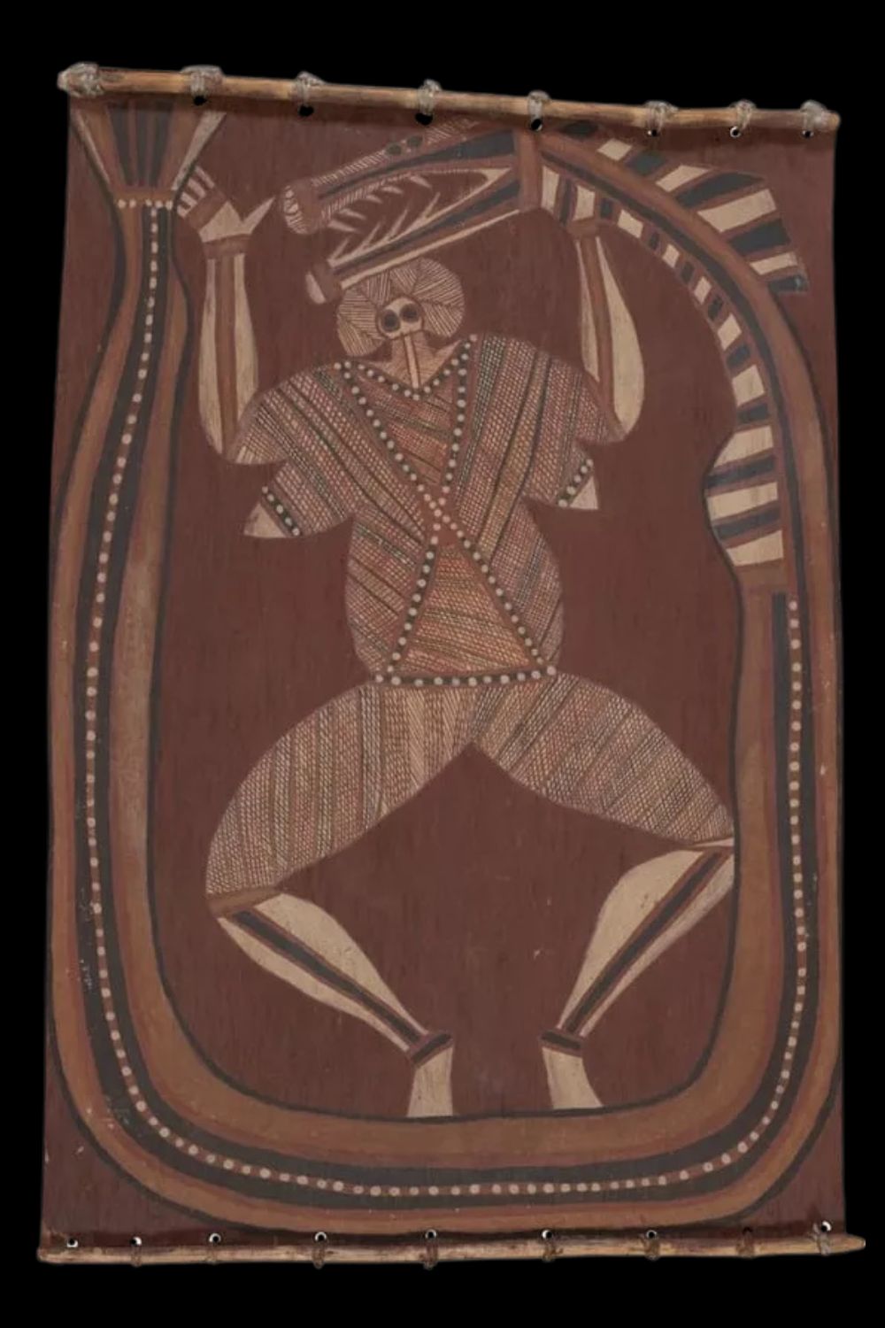 John Namerredje Guymala Ngalkunburriyaymi and rainbow serpent Ngalkunburriyaymi female spirit and Rainbow Serpent bark painting by Aboriginal artist John Namerredje Guymala, featuring Arnhem Land rarrk crosshatching and ochre palette, 1970s Aboriginal bark art