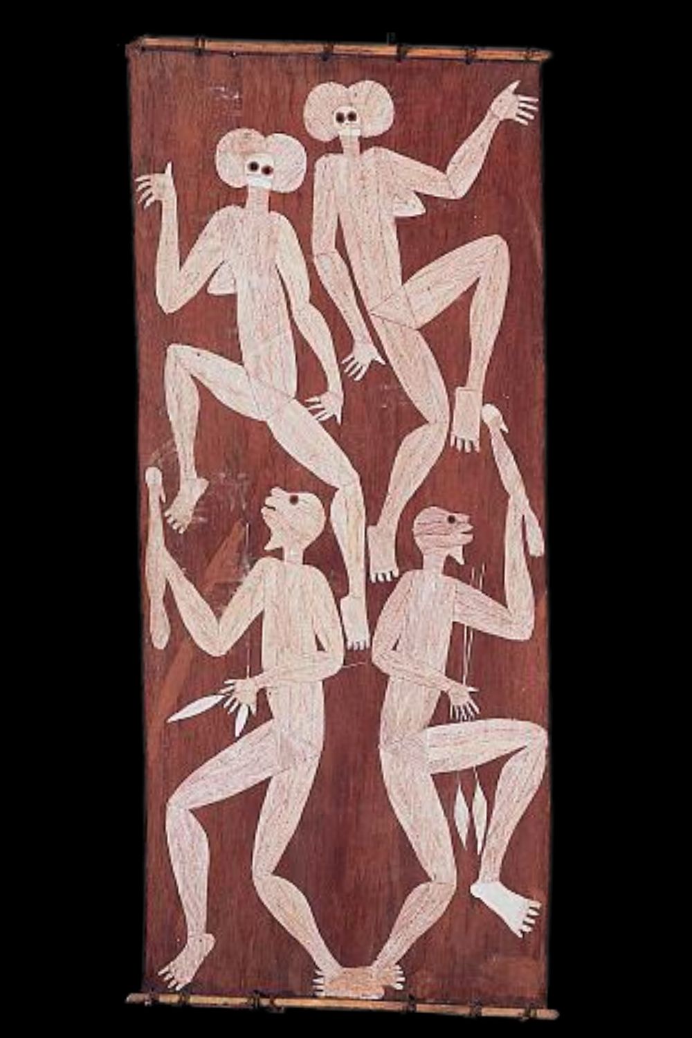 Later John Namerredje Guymala bark painting Later bark painting by John Namerredje Guymala featuring stylised figures with exaggerated limbs and distinctive dotted eyes, rendered in natural ochres on red ground, western Arnhem Land Aboriginal art