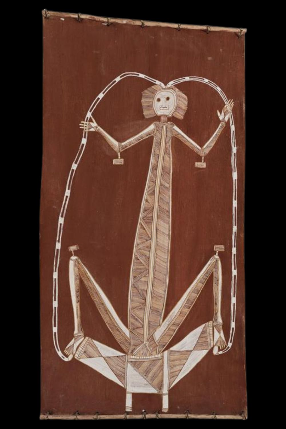 Lofty Bardayal Nadjamerrek bark painting of Namarrkon, the Lightning Spirit, featuring bold ochre tones, ceremonial rarrk crosshatching, and arcing lightning motifs, representing Kuninjku spiritual iconography from Western Arnhem Land Aboriginal art