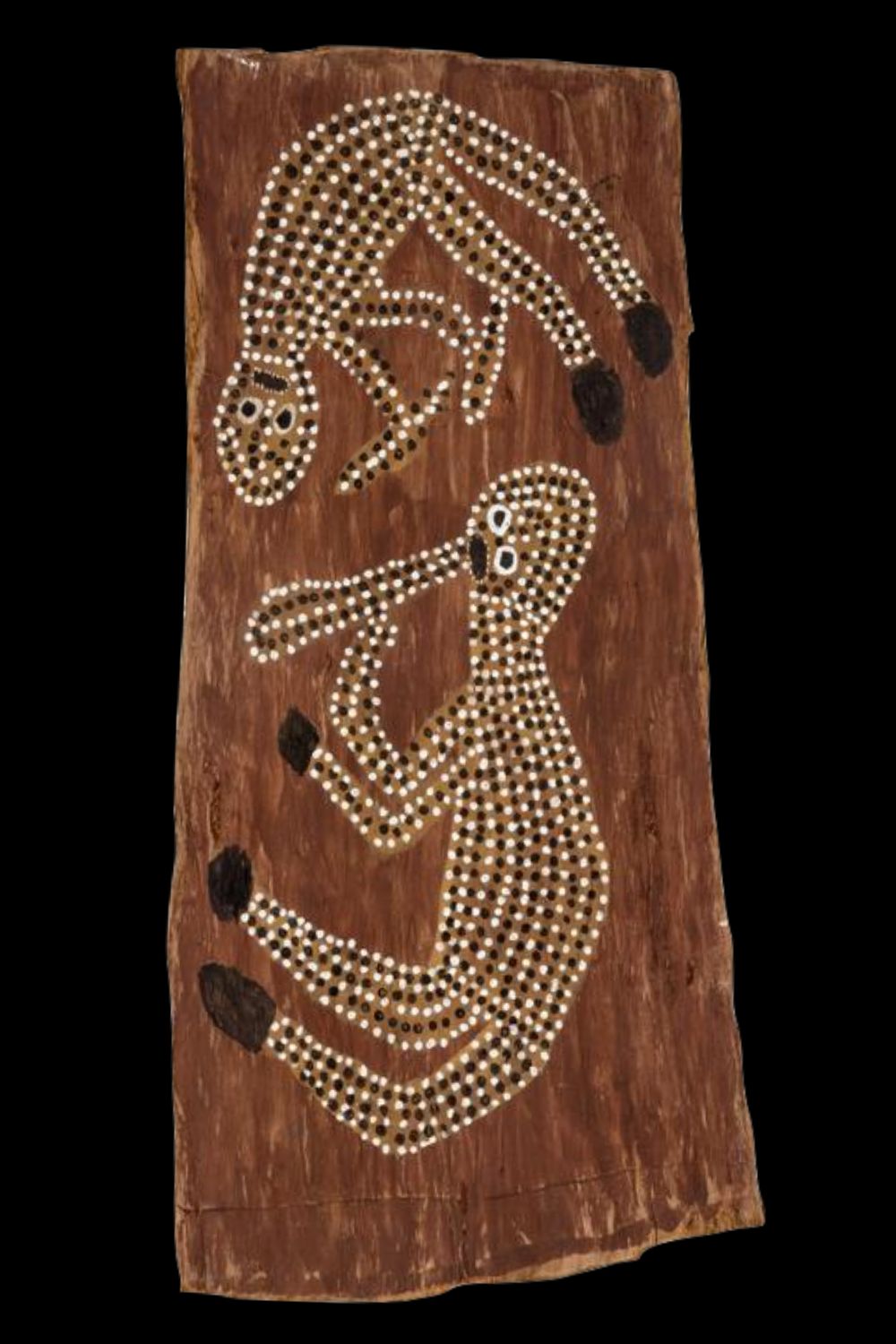 Crusoe Kuningbal bark painting of two Mimih spirits with elongated limbs, one playing a didgeridoo, the other clap sticks – traditional Aboriginal dot art from Maningrida using natural ochres on eucalyptus bark, representing ancestral music and spirit beings