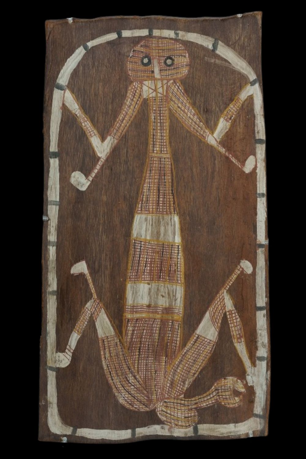 Namarrkon spirit by Jimmy Midjaw midjaw Bark painting of Namarrkon the Lightning Spirit by Jimmy Midjau Midjau, featuring the ancestral being with radiating limbs and arched lightning bolts, rendered in traditional rarrk cross-hatching on a natural ochre background—symbolising ancestral power, seasonal storms, and Western Arnhem Land cosmology.