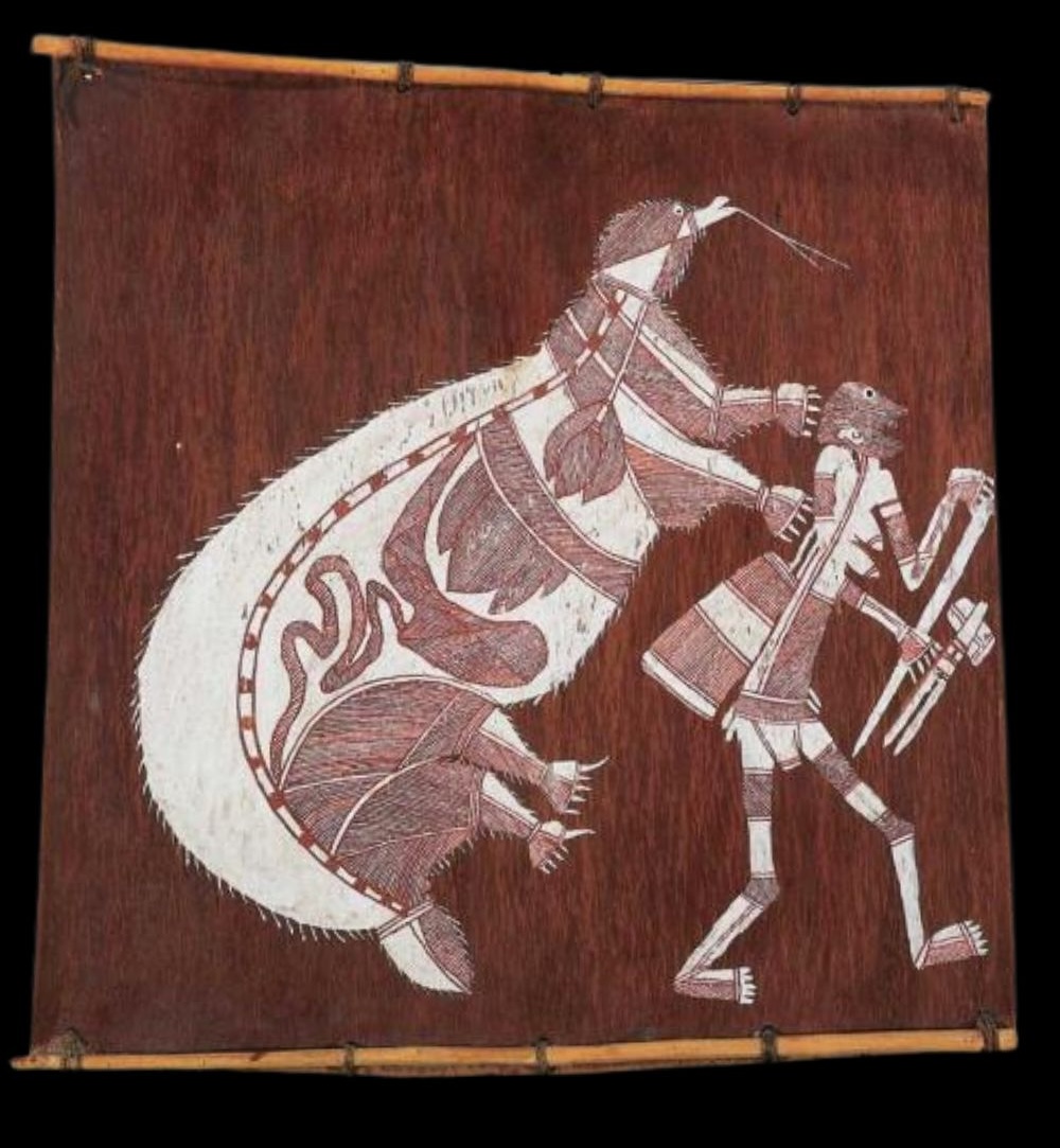 Ngarrbek the Echidna by dick murrumurru Bark painting by Dick Murrumurru Nguleingulei depicting Ngarrbek the Echidna and a spirit figure in dynamic motion, rendered in natural ochres with rarrk (cross-hatching); a striking example of Western Arnhem Land iconography illustrating ancestral narratives and ceremonial themes in Kunwinjku culture.