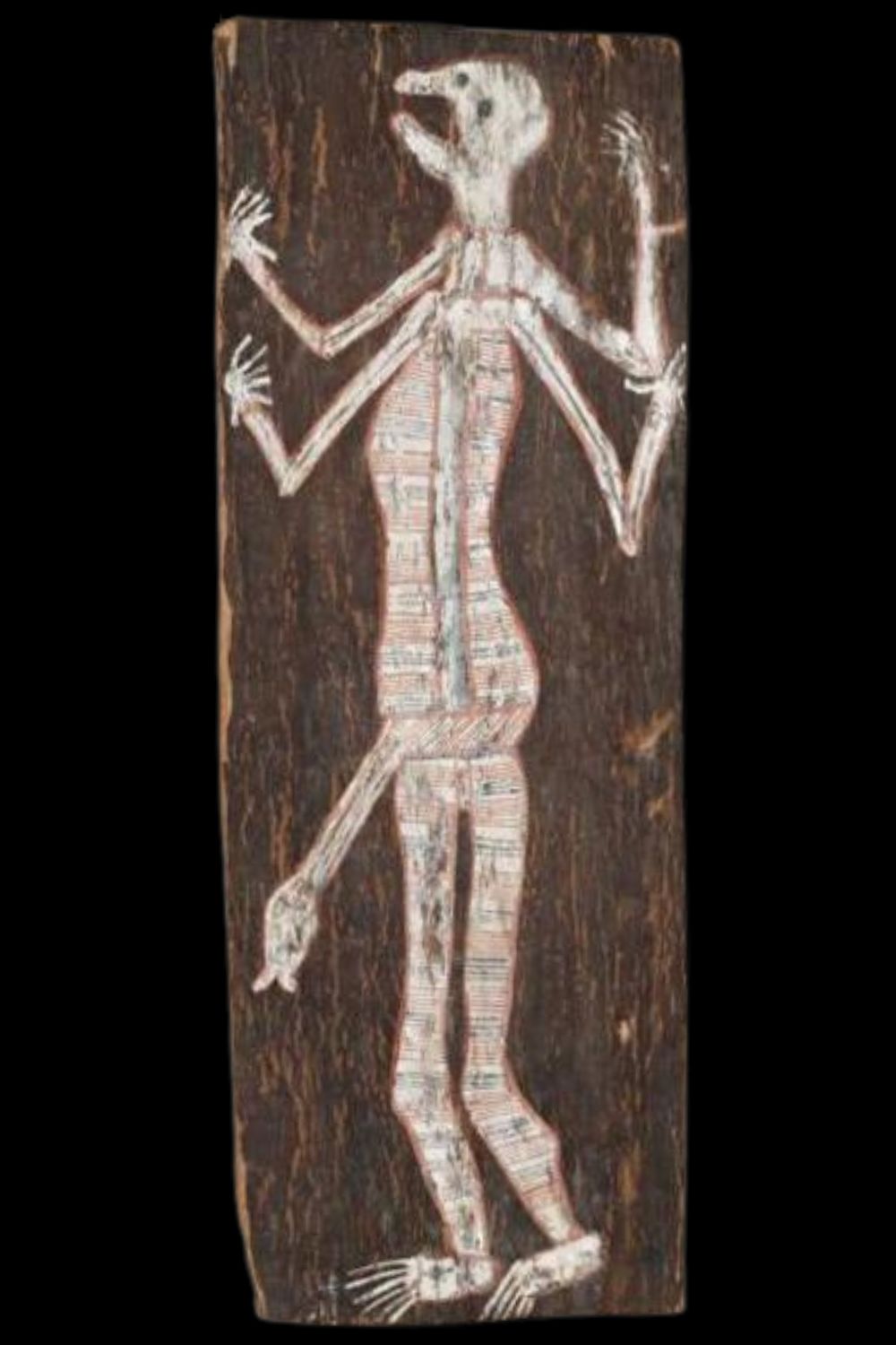 Paddy Cimpass Namatbara 2 Bark painting of ancestral Maam spirit by Paddy Compass Namatbara, depicting a skeletal figure with four arms, striped body markings, and elongated features, rendered in natural ochres on dark eucalyptus bark in Western Arnhem Land style