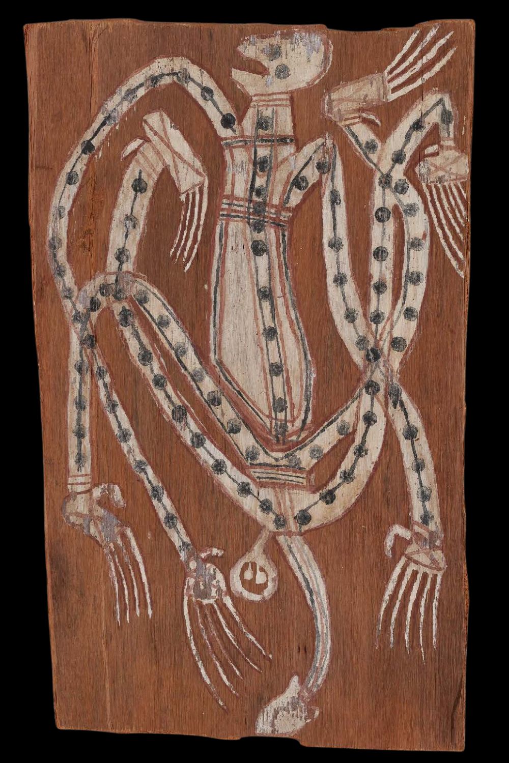 Paddy compass Namadbara Traditional bark painting of a Maam spirit by Paddy Compass Namatbara, featuring dynamic white figures with black dot markings and claw-like hands on natural ochre eucalyptus bark in the Western Arnhem Land style