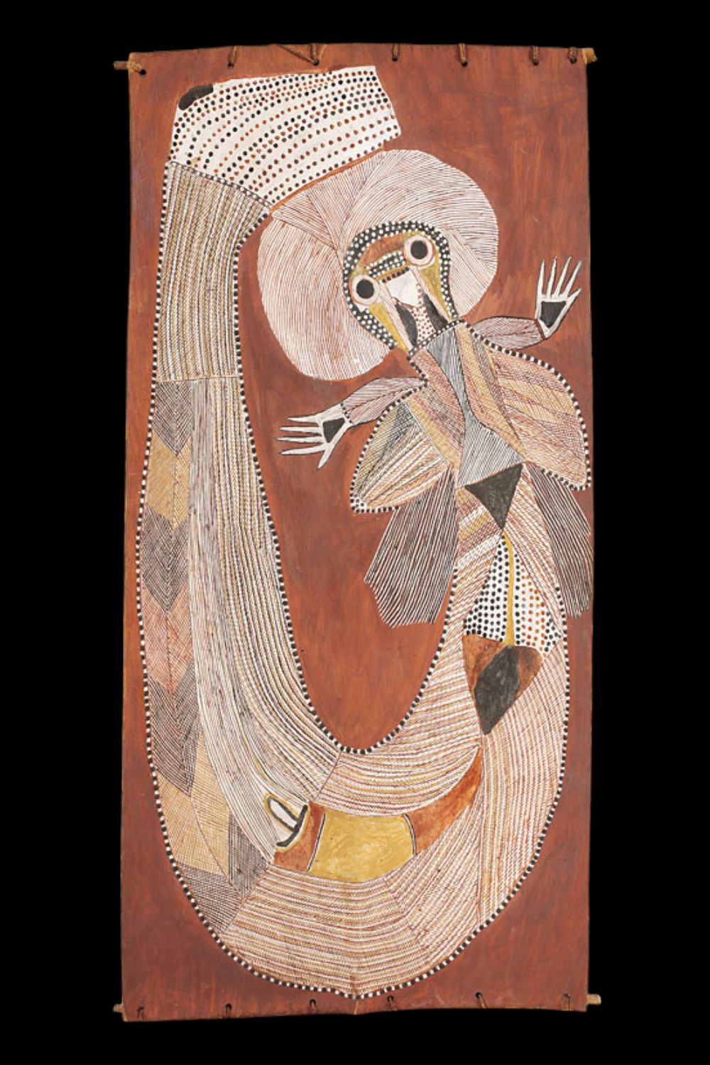 Bark painting of a Yawk Yawk spirit figure by Peter Marralwanga, featuring a mermaid-like ancestral being with elongated body, fish tail, and haloed head, rendered in rarrk (cross-hatching) and natural ochres, embodying freshwater fertility and Kuninjku mythology.