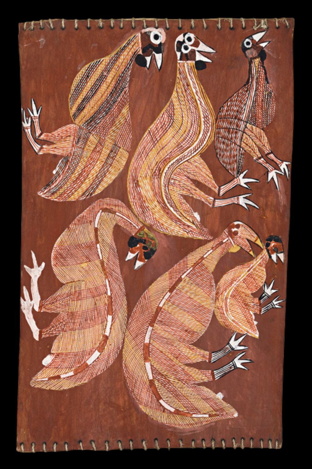 Peter marralwanga painting of birds Bark painting by Peter Marralwanga depicting stylised birds in dynamic poses, rendered in traditional rarrk (cross-hatching) with natural ochres, reflecting Kuninjku clan totemic symbolism and Arnhem Land ceremonial design.