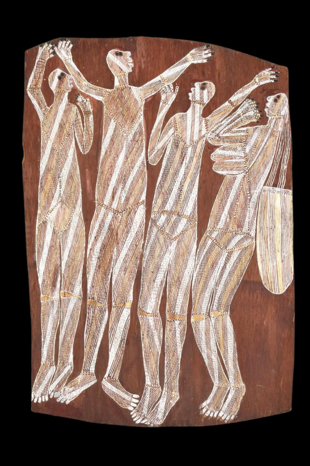 "Aboriginal bark painting by Wally Mandarrk showing four elongated spirit figures with white and ochre rarrk crosshatching, representing ancestral beings in Kunwinjku cultural tradition from Arnhem Land."
