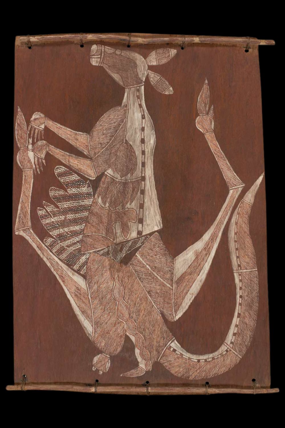 Traditional Aboriginal bark painting by Wally Mandarrk depicting a disembowed kangaroo in white and red ochre on a natural bark background. The kangaroo is shown in profile with intricate rarrk (crosshatching) patterns, reflecting Kunwinjku spiritual symbolism from Arnhem Land