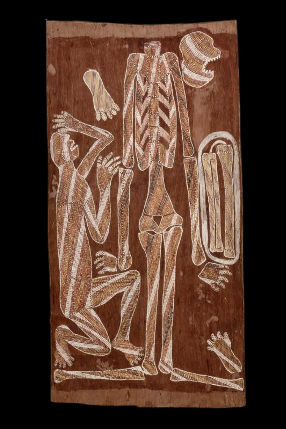 "Bark painting by Aboriginal artist Wally Mandarrk depicting dismembered spirit figures and skeletal forms in rarrk crosshatching style, representing traditional mortuary rites and ancestral narratives from Western Arnhem Land."