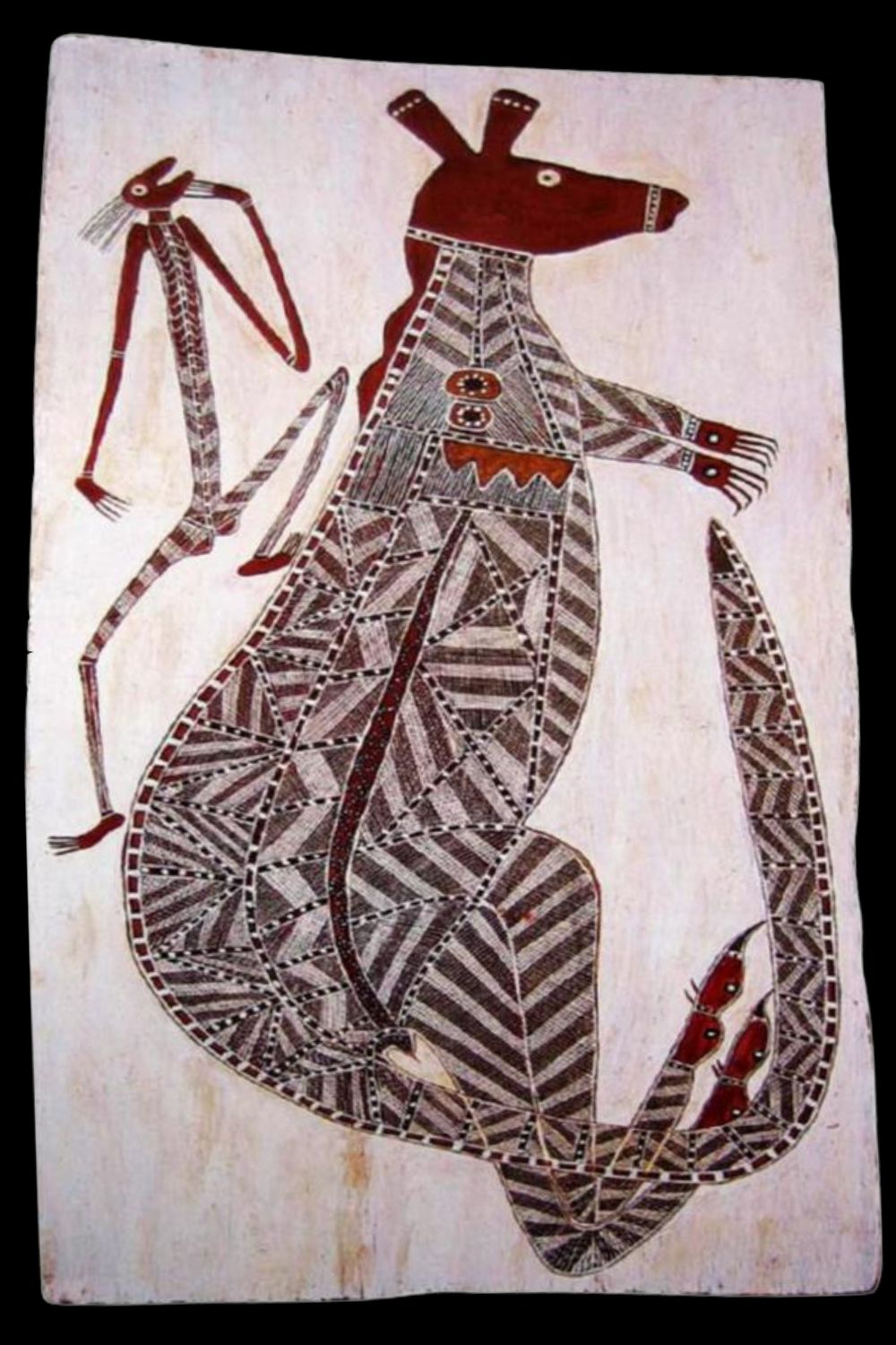 Yirawala bark painting featuring a Mimih spirit and kangaroo, rendered in traditional Western Arnhem Land style with intricate rarrk cross-hatching and natural ochre pigments. Iconic depiction of ancestral beings and Dreaming narratives by master painter Yirawala, highlighting Kuninjku ceremonial symbolism