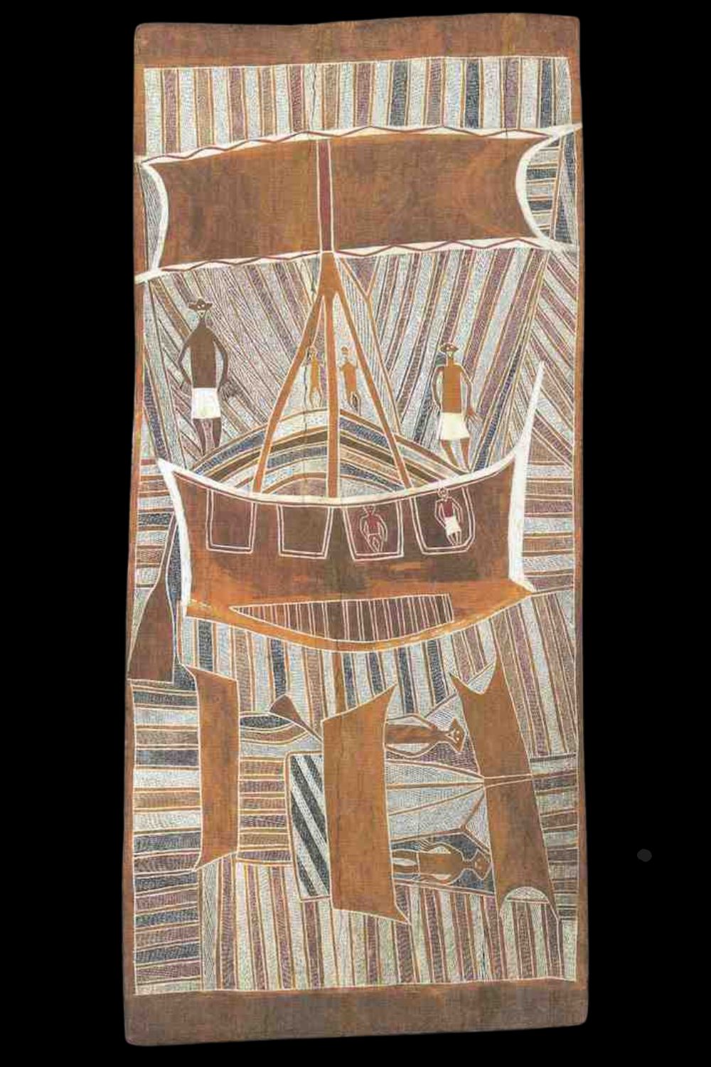Aboriginal bark painting by birrikidji Gumana depicting a Maccassan sailing craft and canoes