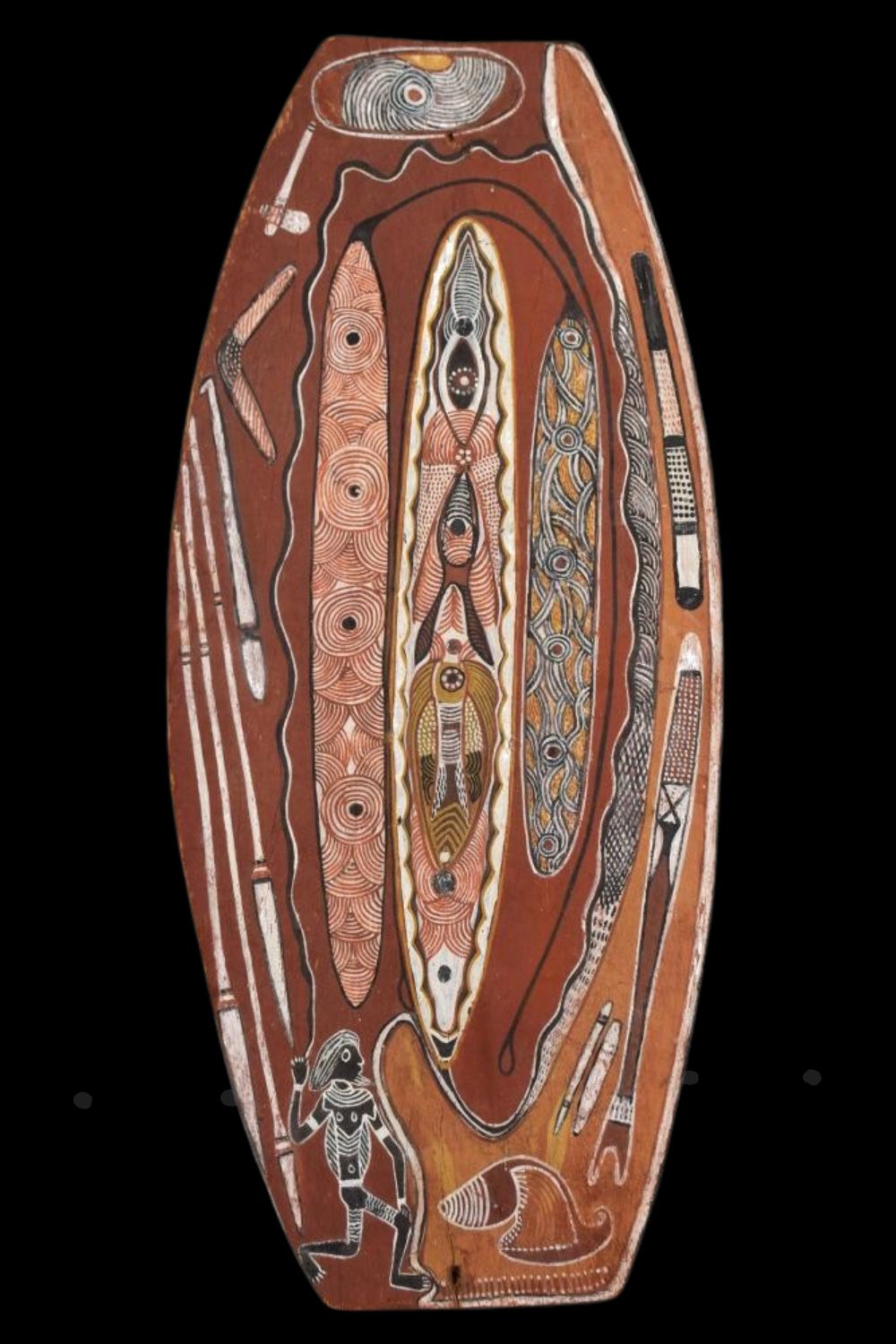 aboriginal bark painting on an oval shaped piece of bark depicting three churinga spears and ceremonial clubs