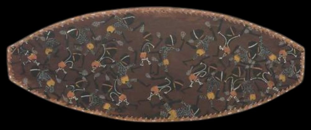 Charlie Brinken painting on bark depicting the mosquito totem dance