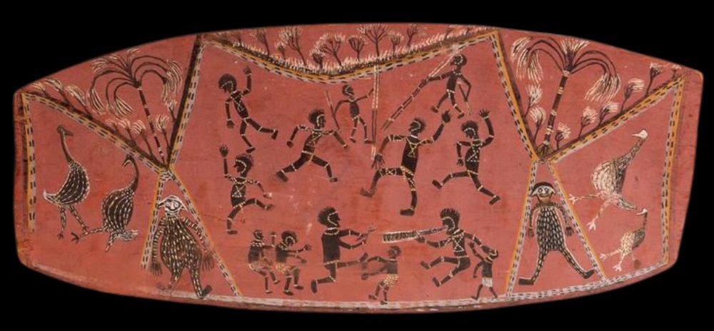 aboriginal Bark painting by Port Keats artist Charlie Brinken depicting an aboriginal ceremony