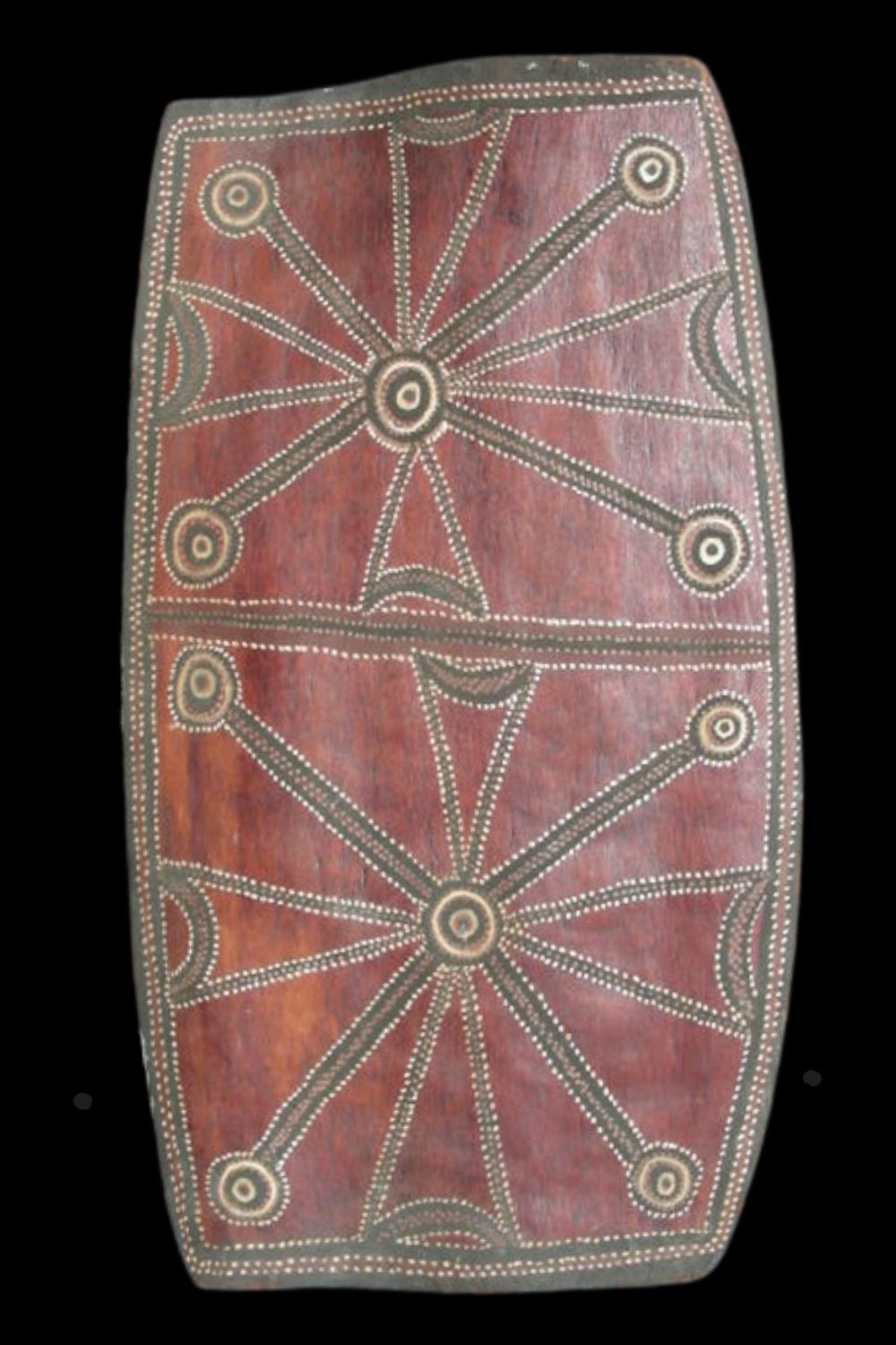 Aboriginal bark painting by Charlie Brinken Newili with motifs associated with churinga