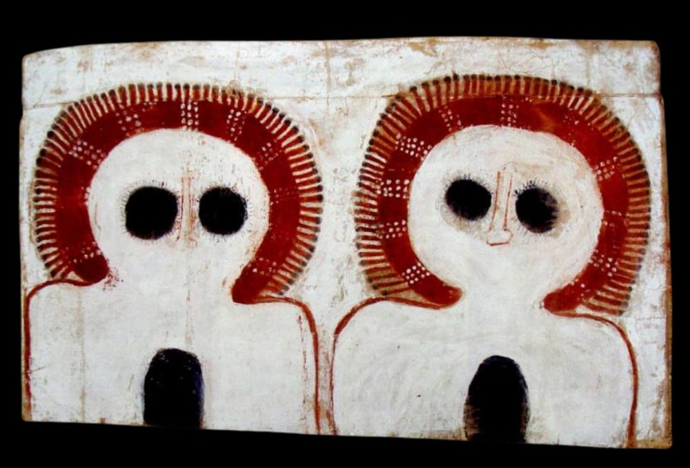 Aboriginal art by Charlie Numbulmoore Aboriginal art by Charlie Numbulmoore of two wandjina