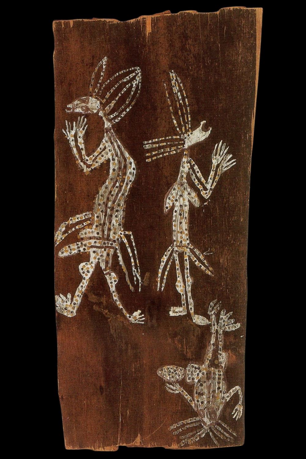 Aboriginal bark painting by diidja of a male and female spirit figure and a frog