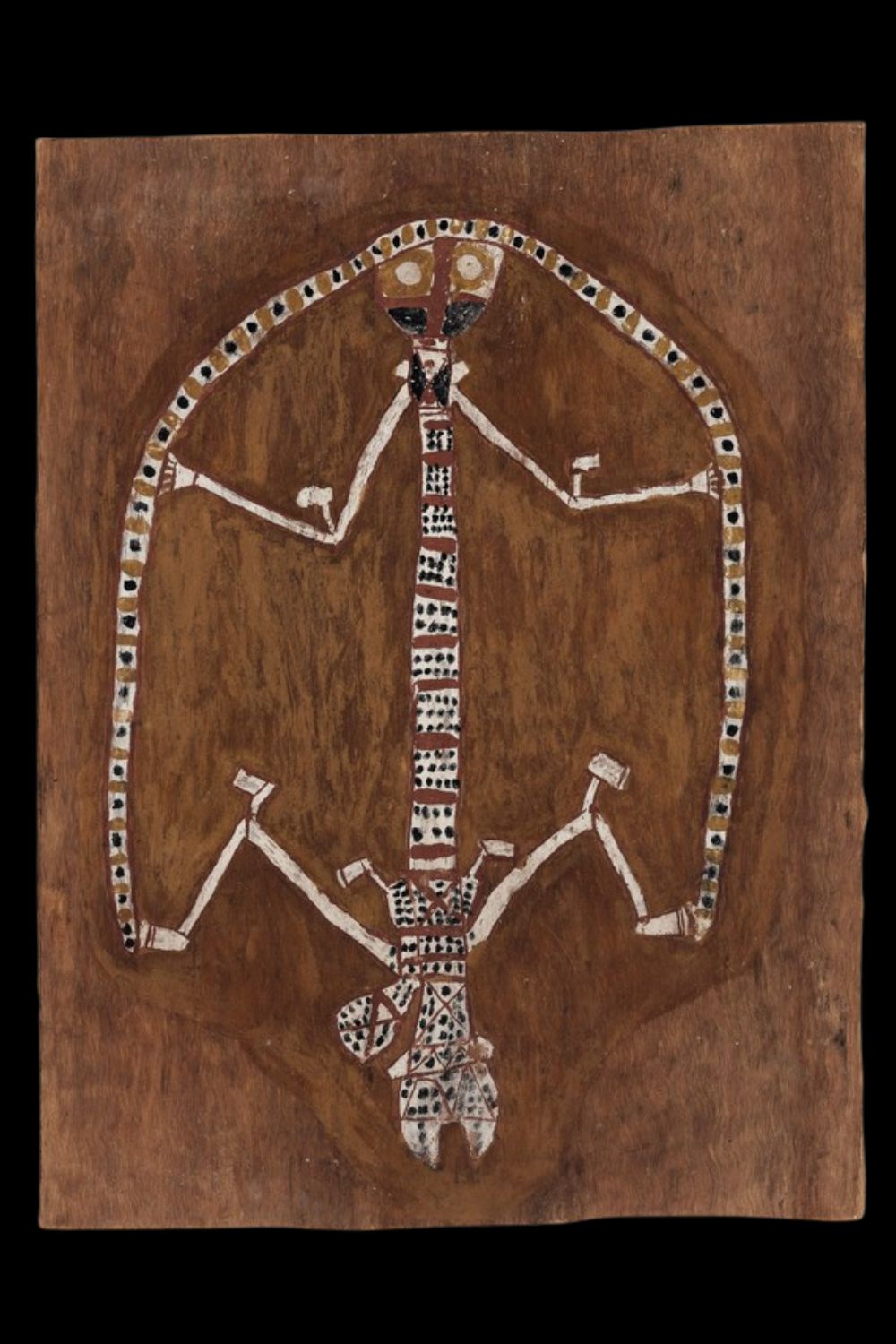 Bark painting by Aboriginal artist Nym Djimungurr depicting Namarrkon the Lightning Man with stone axes on the elbows and knees and enlarged genitals 