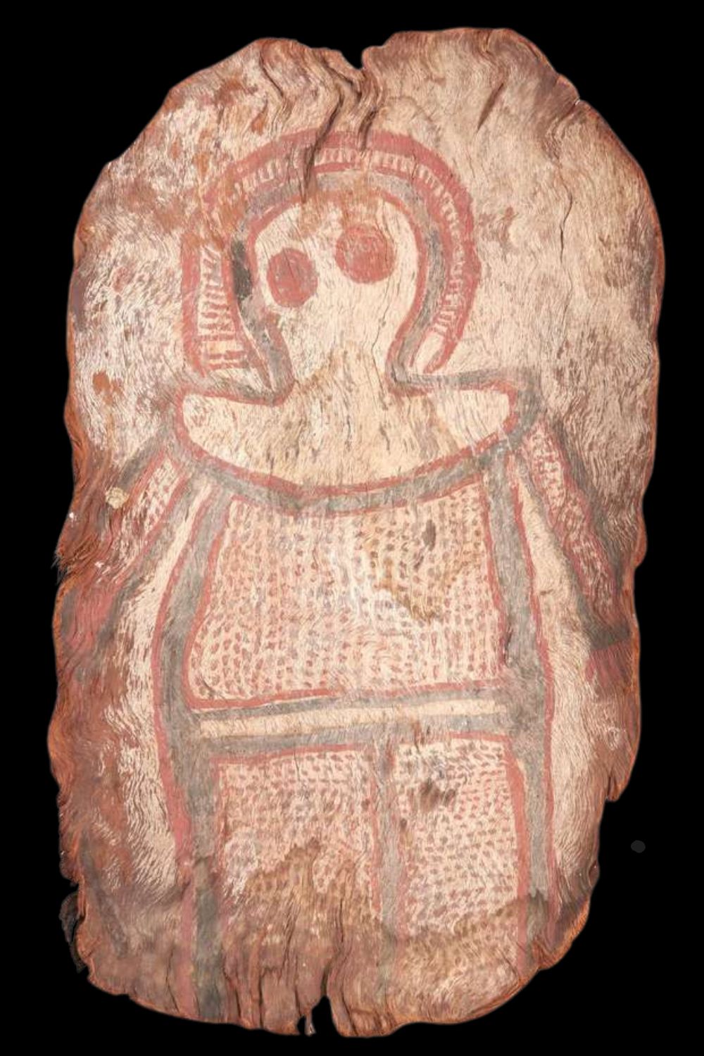 Early bark painting of a Wandjina Bark painting of a Wandjina on an uneven bark sheet