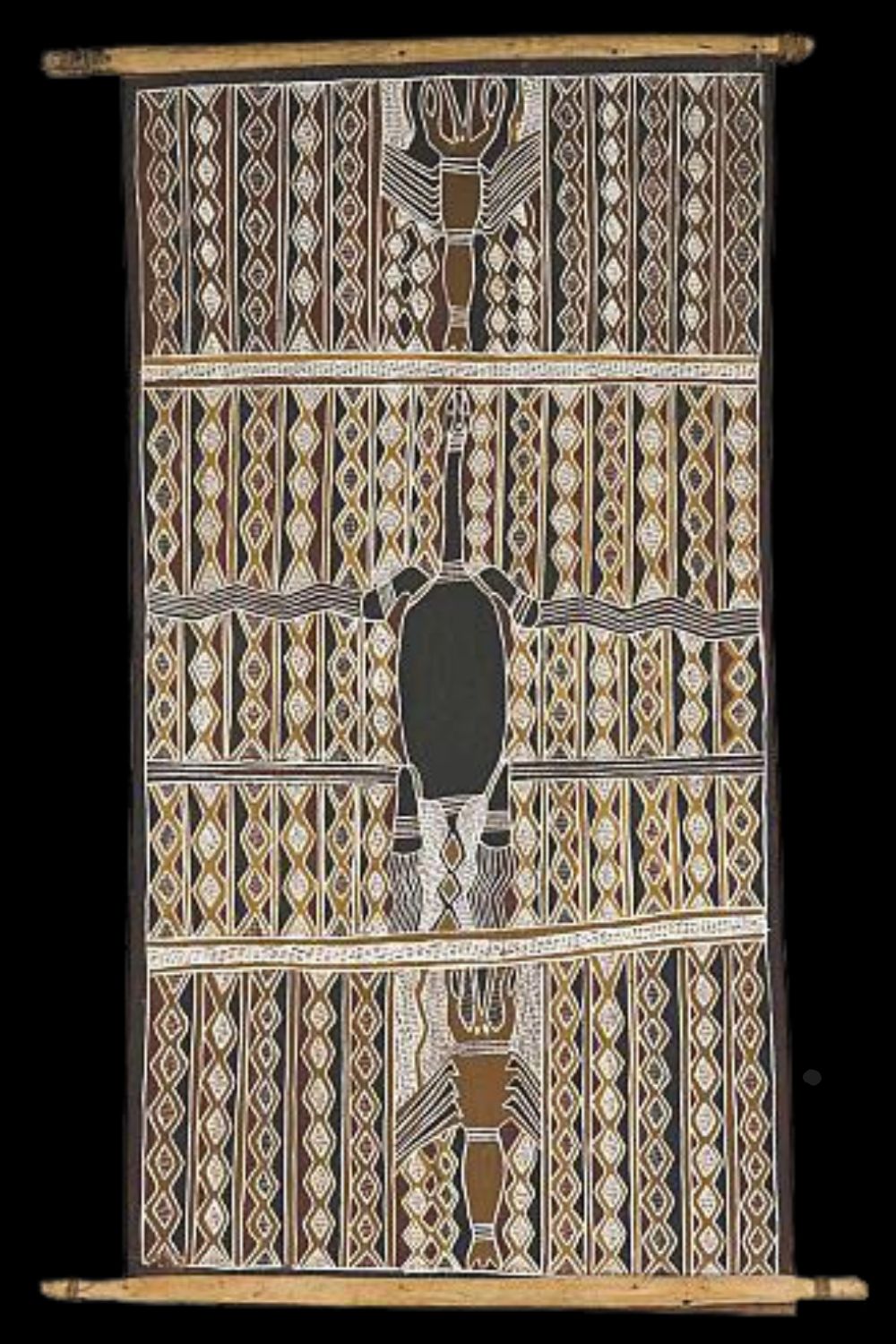 Aboriginal artwork by Gagarin Gumana depicting long neck turtles on a diamond shaped rare background