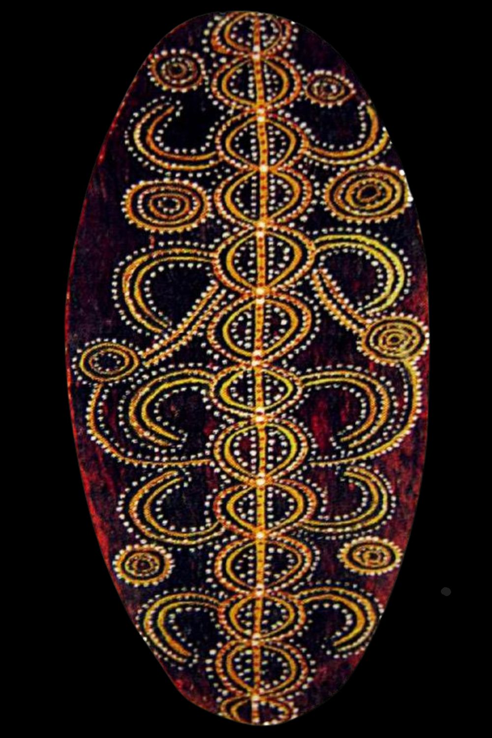 Indji, Tharwul, Bullroarer Design 1962. Aboriginal art by Indji Thermal on an oval piece of bark and painted with symbols found on churinga