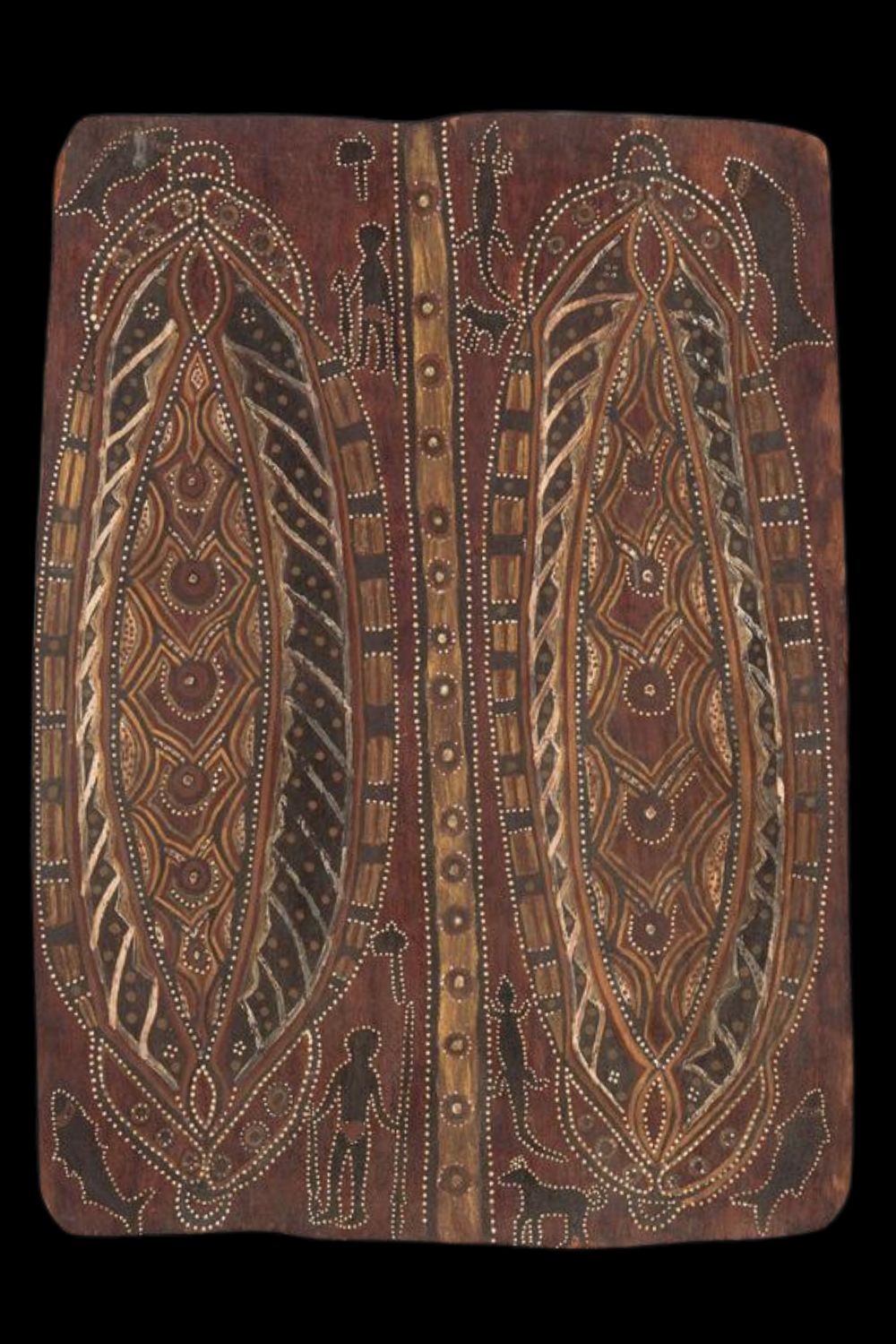 Indji, Tharwul, Garaphon and His Bullroarers Circa 1963 Aboriginal bark painting from Wadeye by Indji thermal with churinga designs