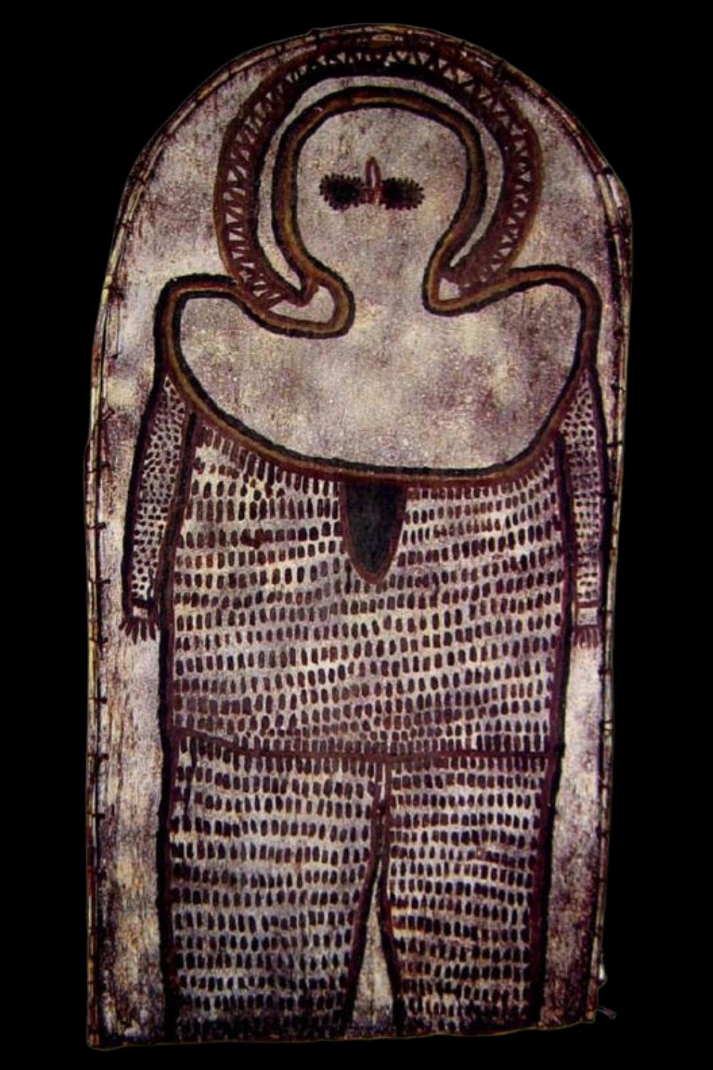 Jack Karadada painting of a Wandjina on an arch shaped panel of bark framed by bentwood