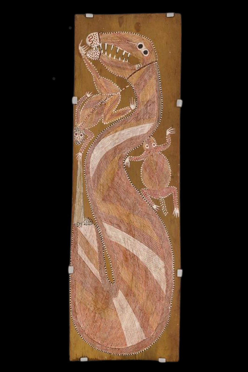Peter Marralwanga bark painting of the Rainbow serpent and the Wagilag sisters one depicted as a frog