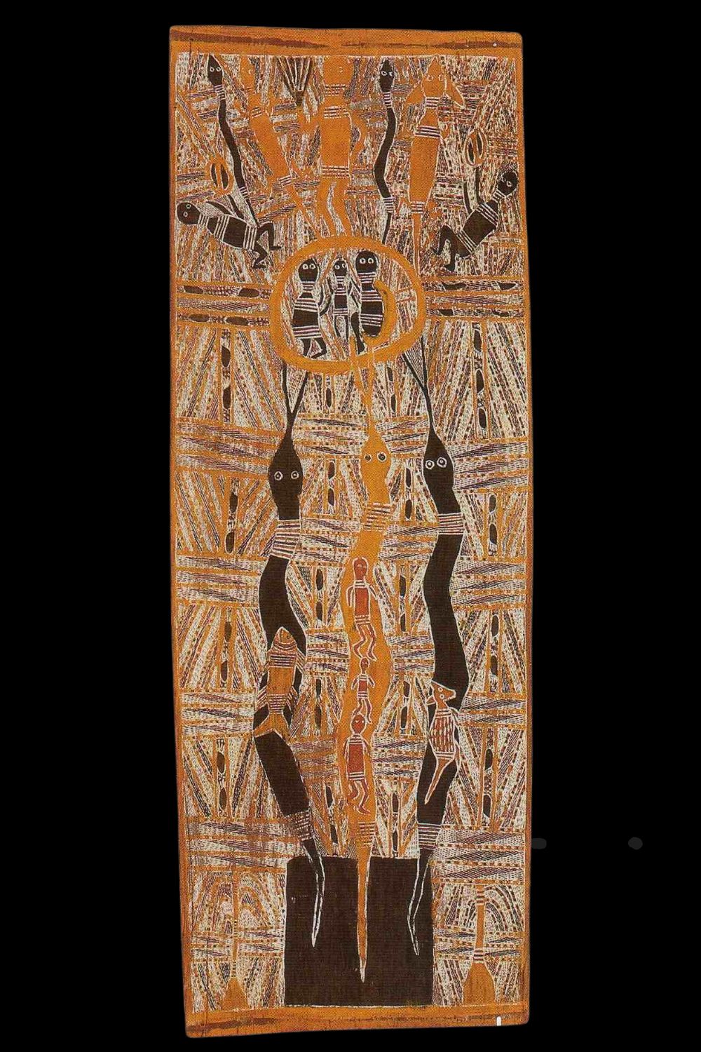 Aboriginal painting on bark by Mathaman Marika depicting scenes from the Waligag Sisters legend