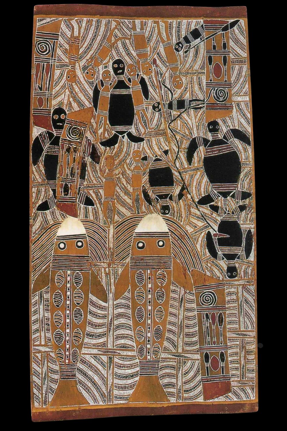 Aboriginal bark painting by mathaman Marika depicting a fishing scene with men in a canoe whales and turtles