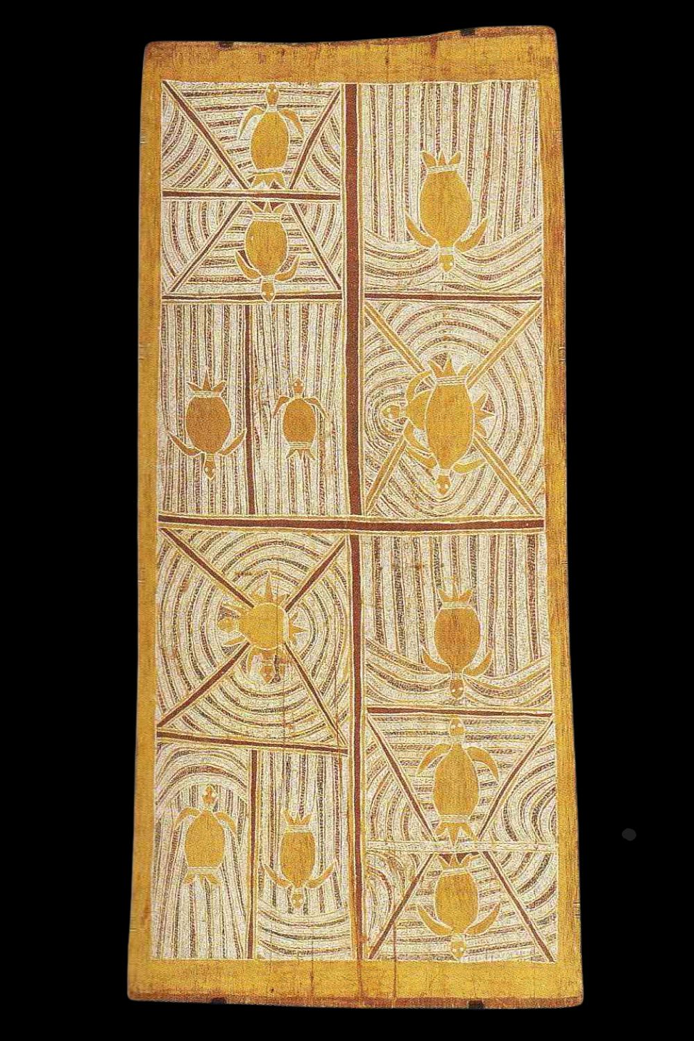 Mawalan Marika-10 Aboriginal bark painting from Yirrkala by Mawalan Marika using yellow ochre and white pipe clay