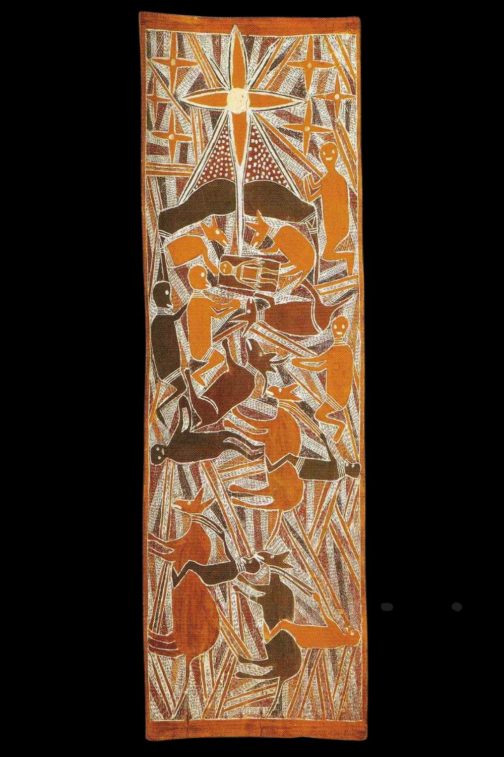 Mawalan Marika-18 Aboriginal bark painting by Mawalan Marika depicting Joseph and Mary arriving in jeruselum
