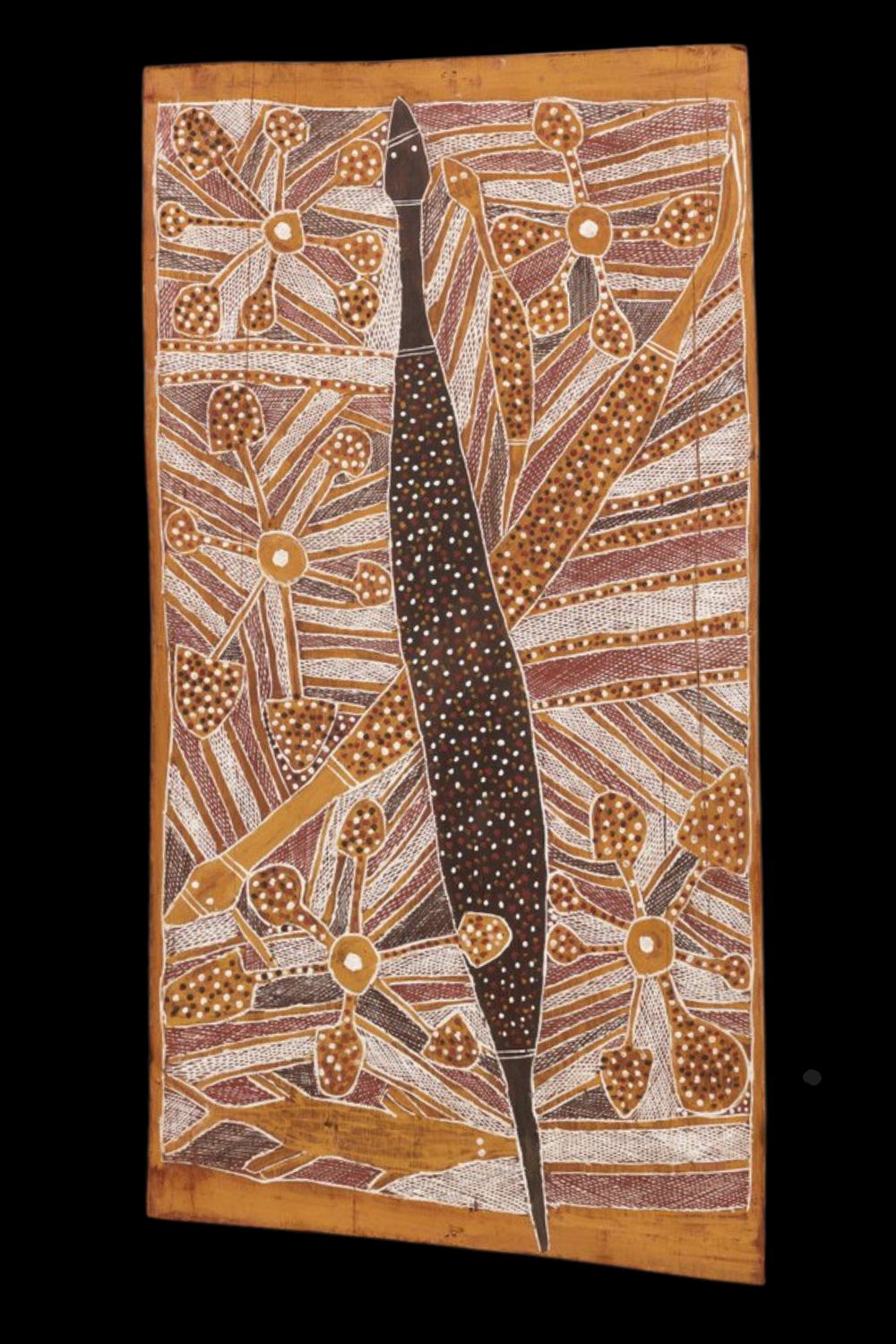 Mithinari Gurruwiwi Rainbow serpent Indigenous Australian painting of the Rainbow serpent in black with white spots on a background of Rare