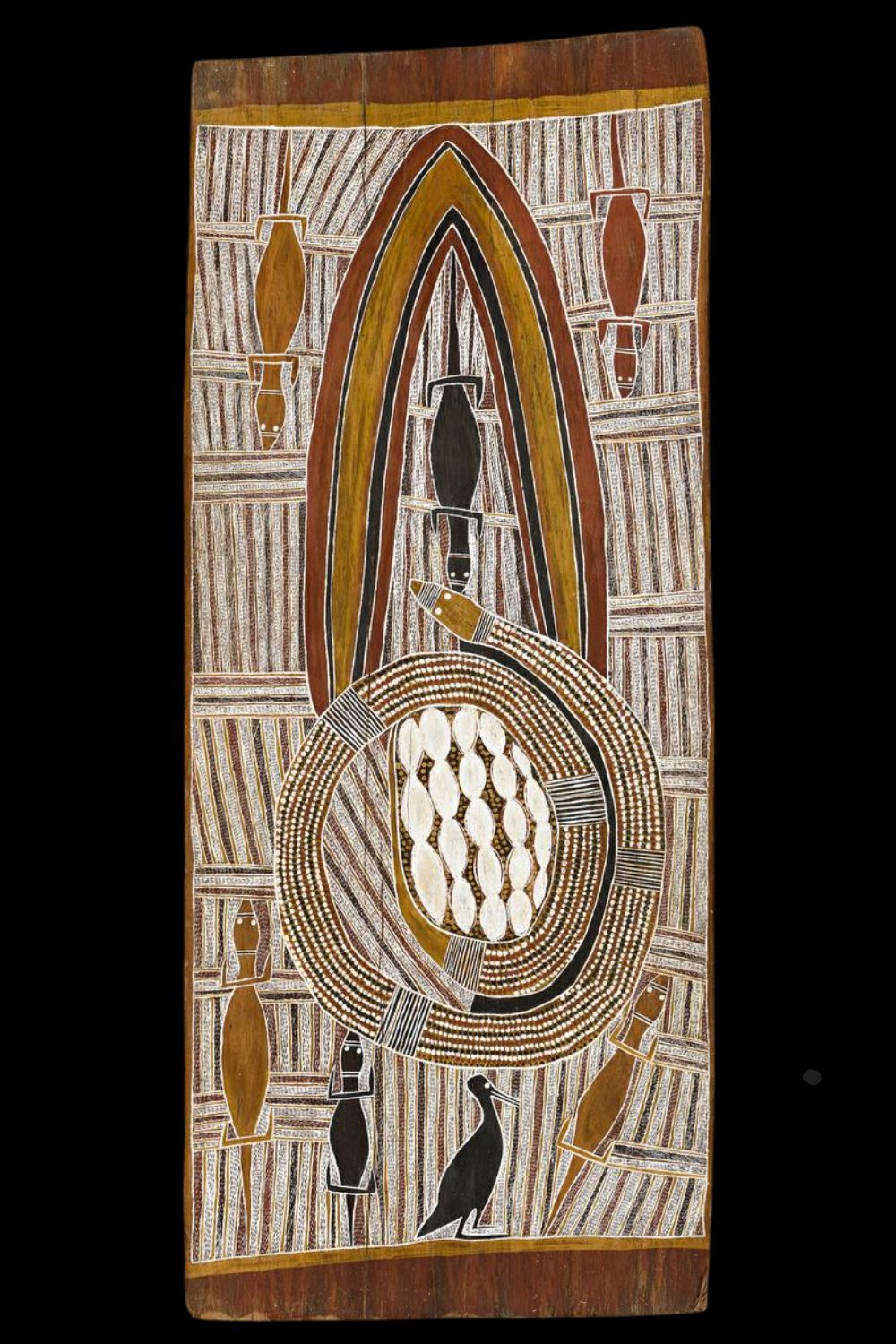 Mithinarri Gurruwiwi Bark Painting Aboriginal Bark painting from Yirrkala by Mithinari Gurruwiwi of the rainbow Serpent coiled around eggs beneath a rainbow on a background of rare