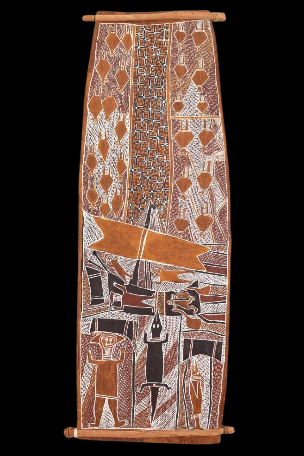 Munggurrawuy Yunupingu Maccassan Traders Arnhem Land painting from Yirrkala by Munggurrawuy Yunupingu depicting Maccassan Traders
